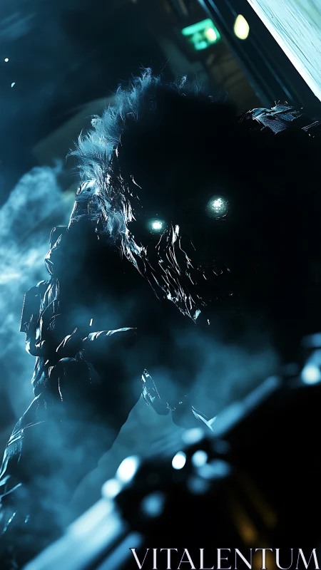 Terrifying glowing eyed creature emerges in smoky corridor.