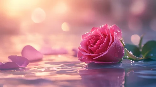 Pink Rose with Water Droplets on Reflective Surface