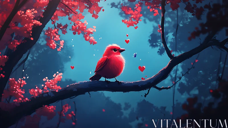 Red songbird on branch in glowing blue forest scene.