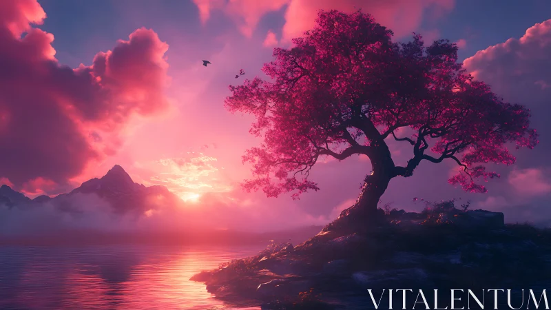 Pink tree on rocky shore at vivid sunset over lake.