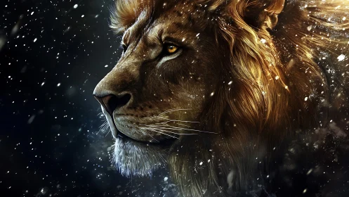 Golden-maned lion gazing calmly through swirling snow.