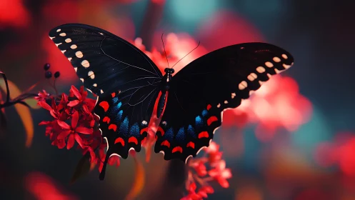 Black swallowtail butterfly on red blossoms, shallow focus.
