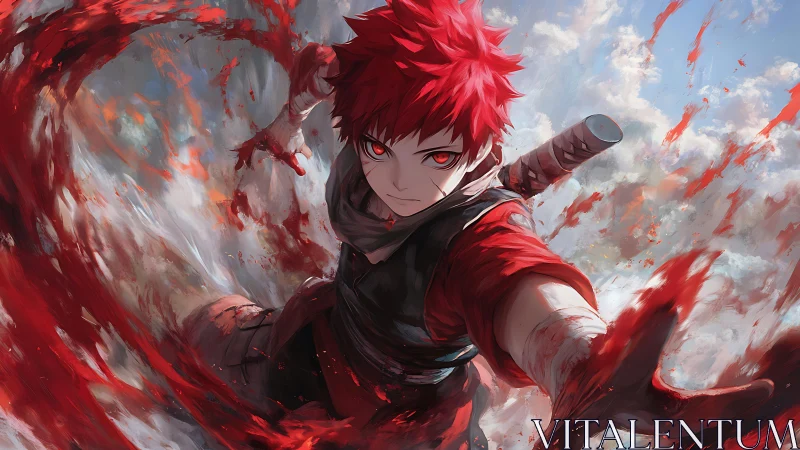Scarlet-haired anime warrior unleashing swirling blood power.