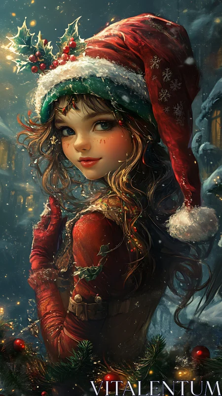 Festive girl in red Santa hat smiles in snowy night street