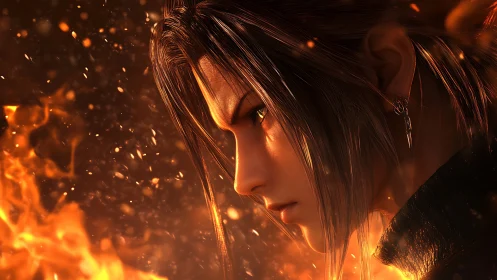 Intense anime warrior profile surrounded by rising flames.