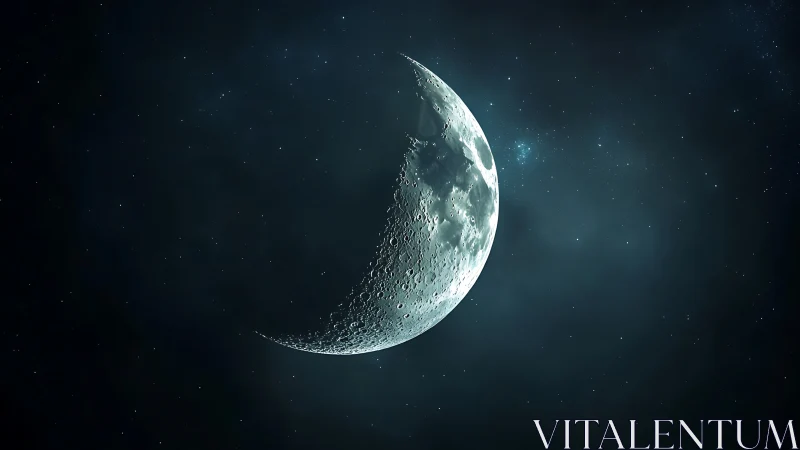 Photorealistic crescent moon with cratered surface detail.