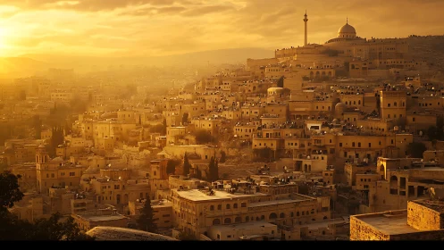 Dense hillside cityscape with mosque at warm sunset light.