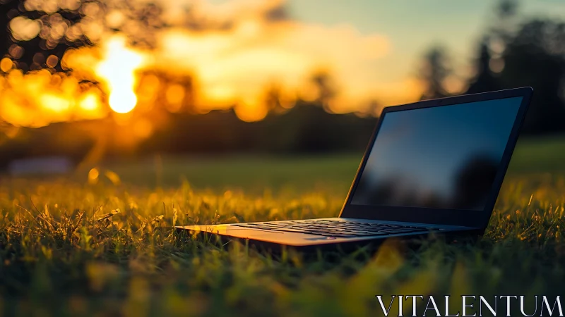 Slim laptop rests in glowing field at golden sunset