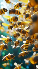 Swarm of stylized honeybees in luminous forest airspace.