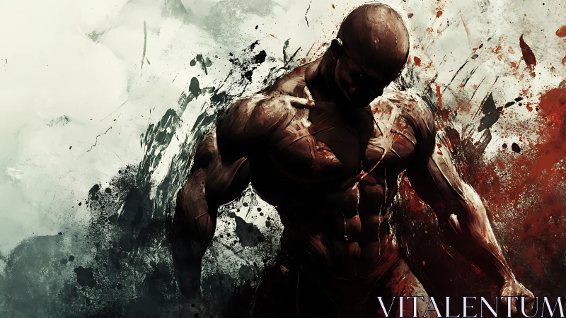 Muscular figure emerging through abstract blood-splatter field.