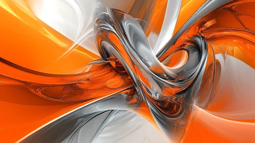 Dynamic Abstract 3D Swirls in Orange, Silver, and White Tones.