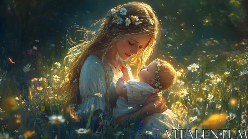 Gentle mother and baby sharing sunlight in a wildflower meadow.
