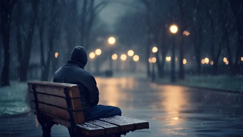 Photorealistic nocturne of solitary figure on rainy park bench.