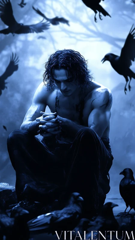 Brooding shirtless figure in moonlit forest with circling crows