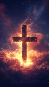Blazing celestial cross rising through storm-lit heavens.