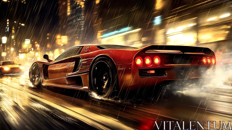 Red supercar speeding through wet neon city streets.