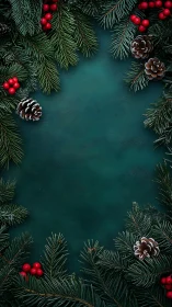 Evergreen holiday frame with frosted pinecones and berries.