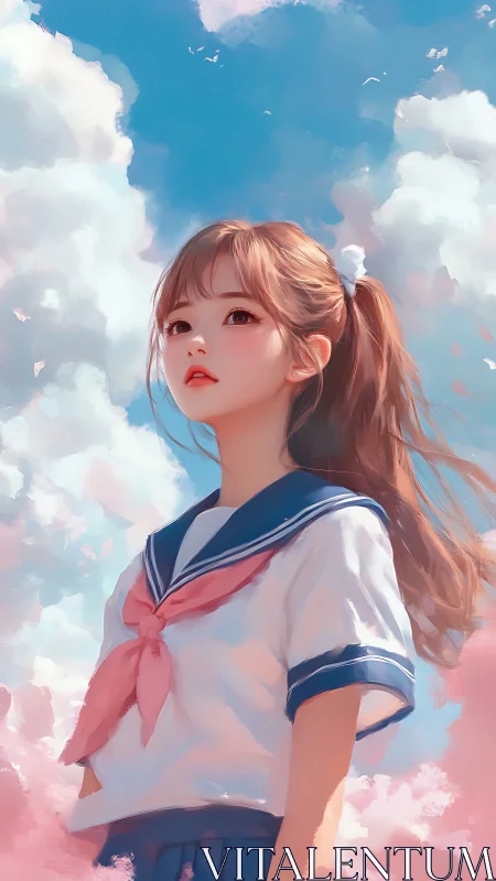 Anime schoolgirl under soft cumulus sky in pastel hues