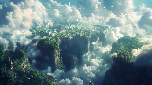 Skybound cliff city emerges through dense luminous clouds
