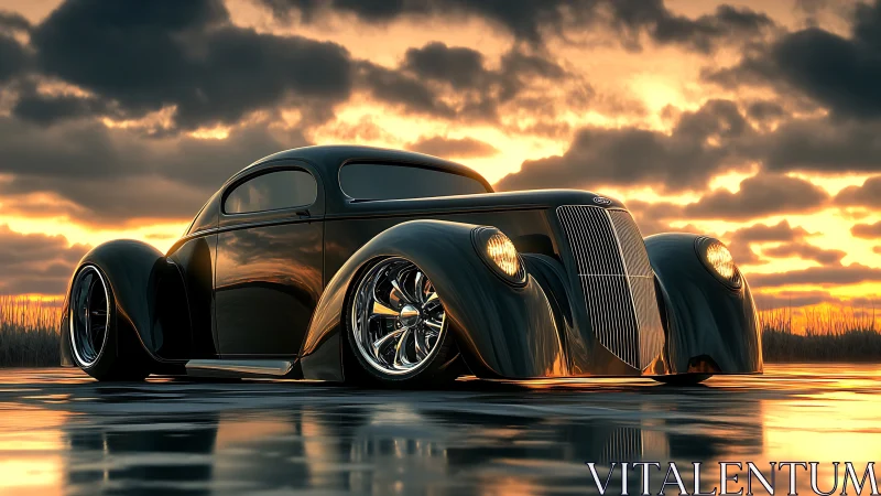 Sunset-slicked retro hot rod prowling a mirror roadscape.
