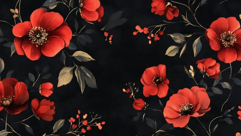 Red Florals on Black: Botanical Pattern with Gold Accents