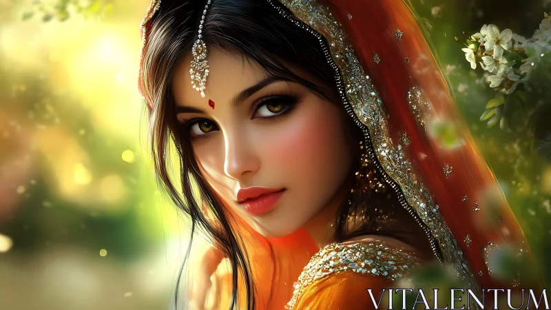 Sunlit bridal gaze wrapped in ember silk and quiet gold.