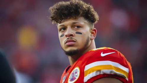 Focused football player in red jersey on game sideline.