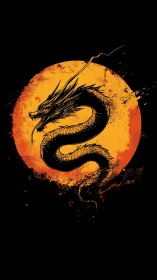Coiled black dragon silhouette over blazing grunge sun