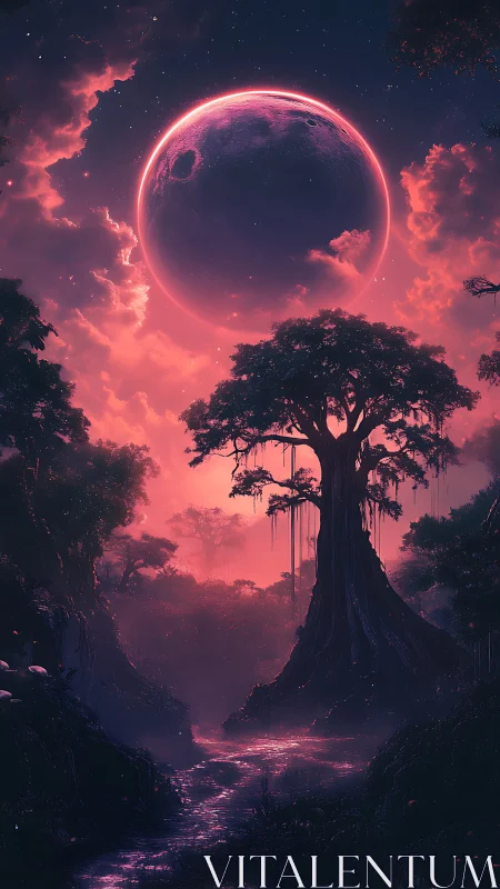 Celestial-lit alien forest with towering tree silhouette and red nebula