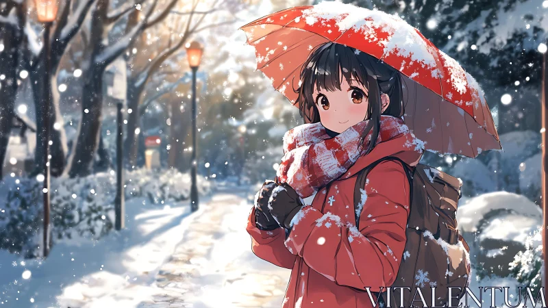 Winter street portrait of bundled girl under red umbrella