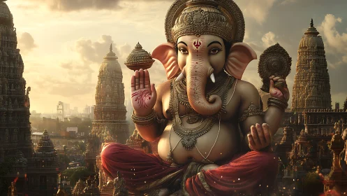 Majestic Ganesha deity towering above ornate temple skyline.