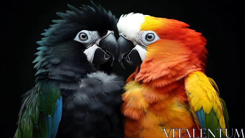 Vibrant Close-Up of Two Macaws on Black Background, Photorealistic.