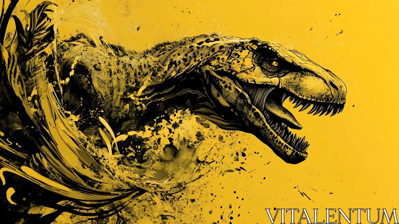 Ferocious dinosaur head bursts from yellow abstract swirl.