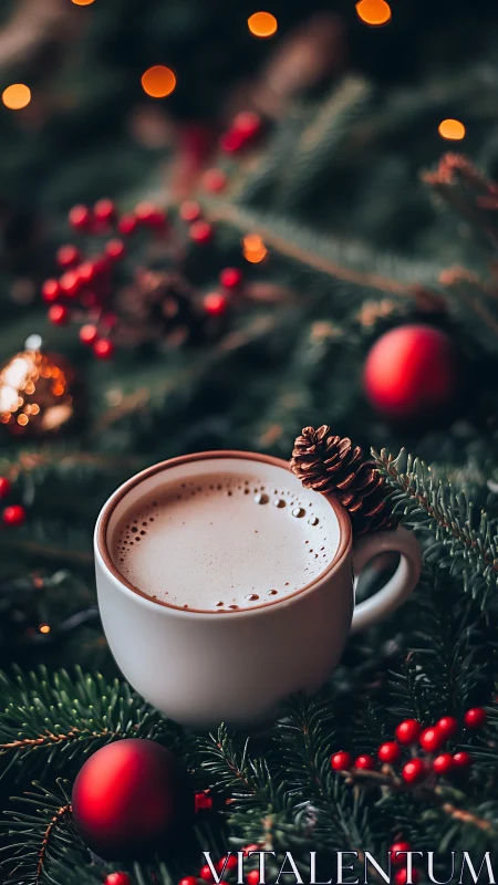 Yuletide cocoa nestled in evergreens and glowing lights.