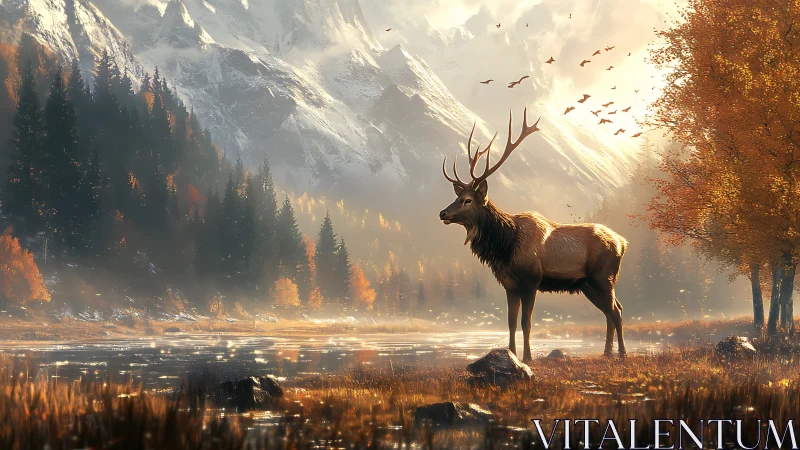 Majestic stag in autumn forest by lake, digital realism landscape.
