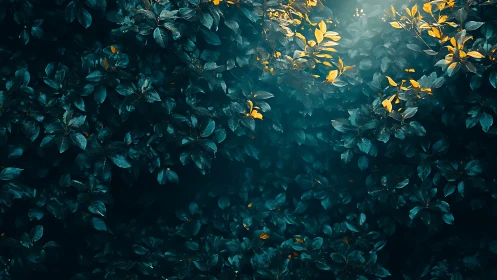 Luminous teal foliage with golden leaves emerging above.