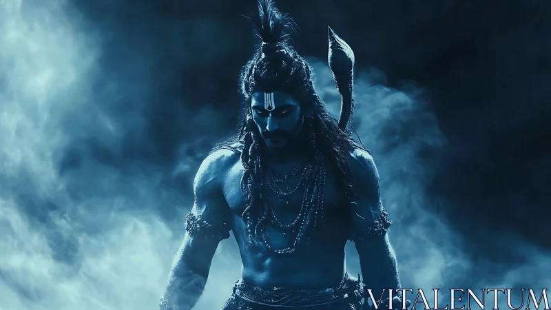 Mythic warrior silhouette in blue atmospheric backlit haze