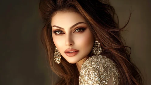 Golden gaze meets softly lit glamour in warm studio calm