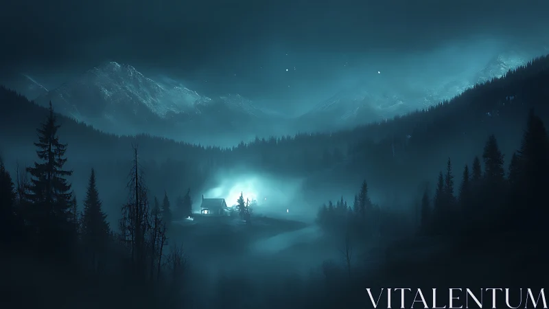 Moonlit cabin dreamscape adrift in misty alpine shadows.