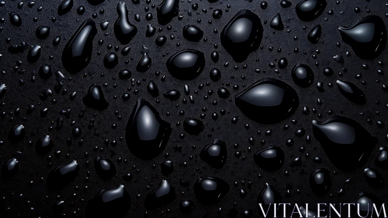 Black surface with glossy water droplets under side light.