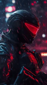 Cybernetic soldier in neon rain rendered with cinematic lighting