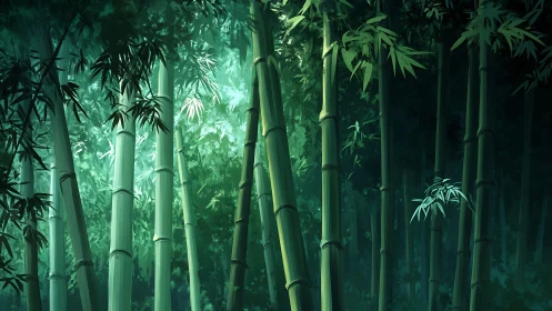 Dense green bamboo forest with sunlit vertical stalks.