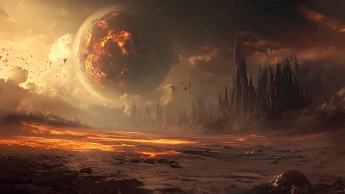 Fiery alien planet over volcanic wasteland horizon.