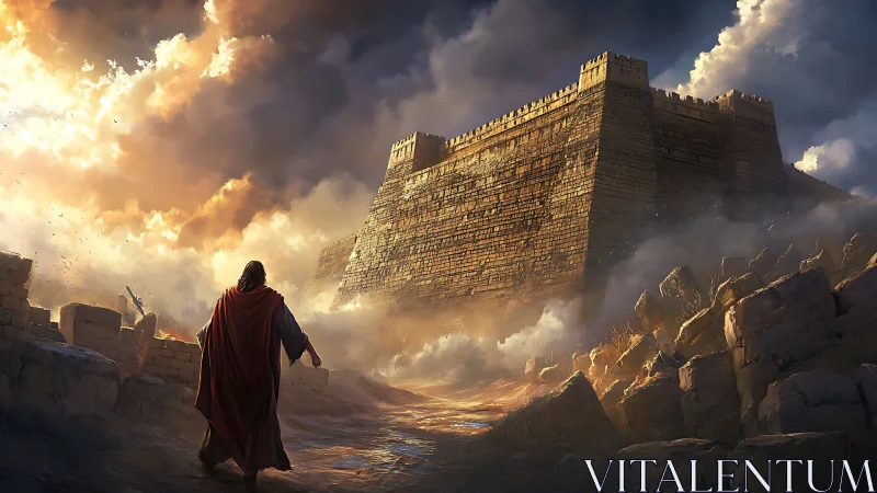 Lone cloaked wanderer approaches colossal stormlit fortress.