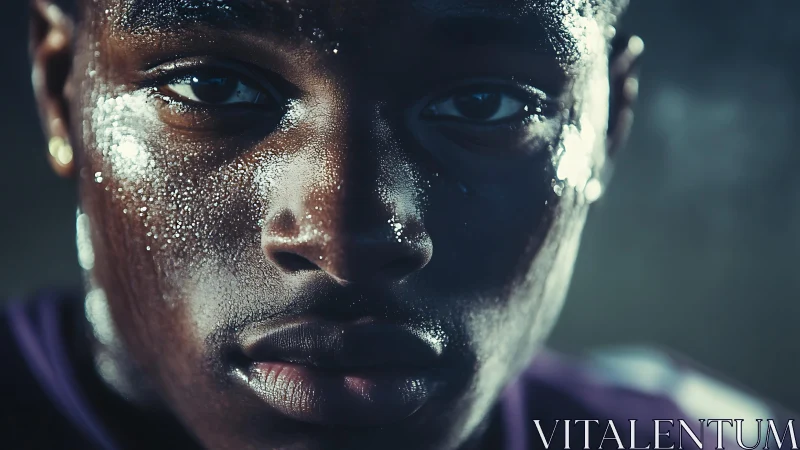 Intense close-up portrait of sweaty focused athlete.
