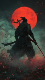 Lone samurai confronts a blood-red moon in burning mist.