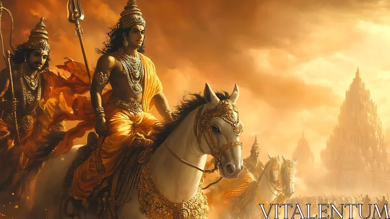 Warriors on ornate white horses ride toward distant temple