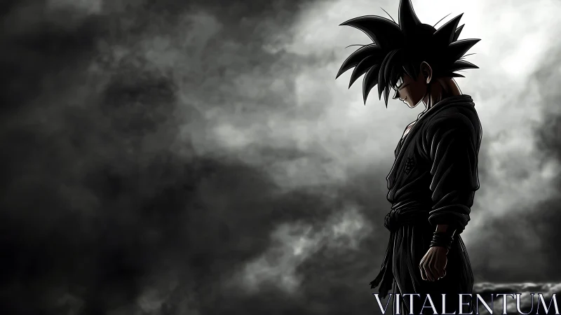 Quiet anime warrior standing strong in stormy shadows.