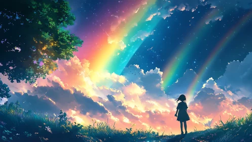 Stargazing girl beneath rainbow-swept twilight skies.
