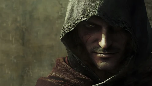 Hooded rogue glares from darkness with sharp, menacing gaze